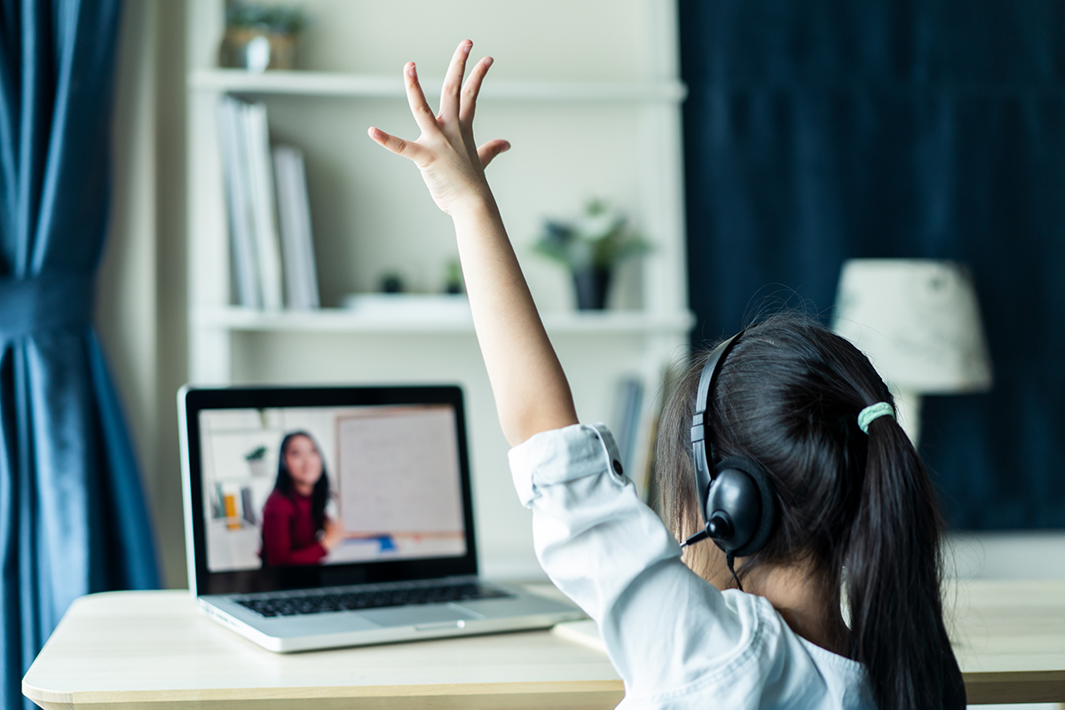 A student raising a hand during an online lesson